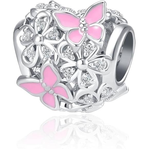 Butterfly Flower Garden Charm Magnolia Bloom Crystal Opennwork Enamel Bead for - Picture 5 of 5